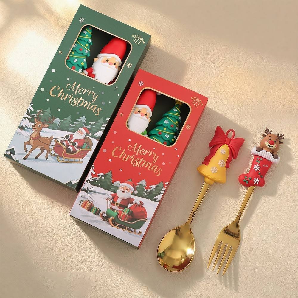 Metal Christmas Dinnerware Gift Set-Two-Piece Spoon and Fork with Cartoon Dessert Design in Colorful Box