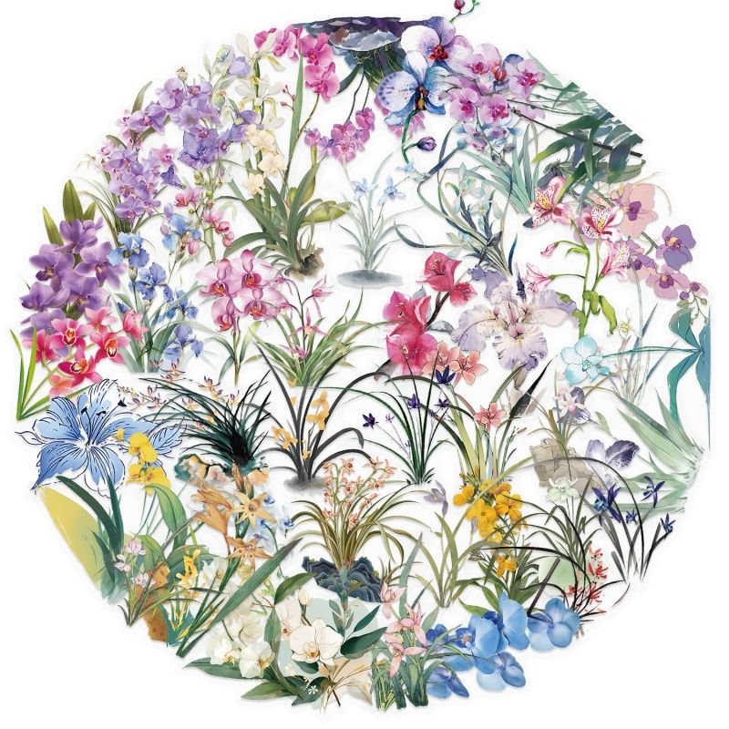 50PCS Nature Flower Stickers PET Transparent Stickers Orchid Grass Decals Waterproof Decorative Decal for Scrapbook DIY Crafts