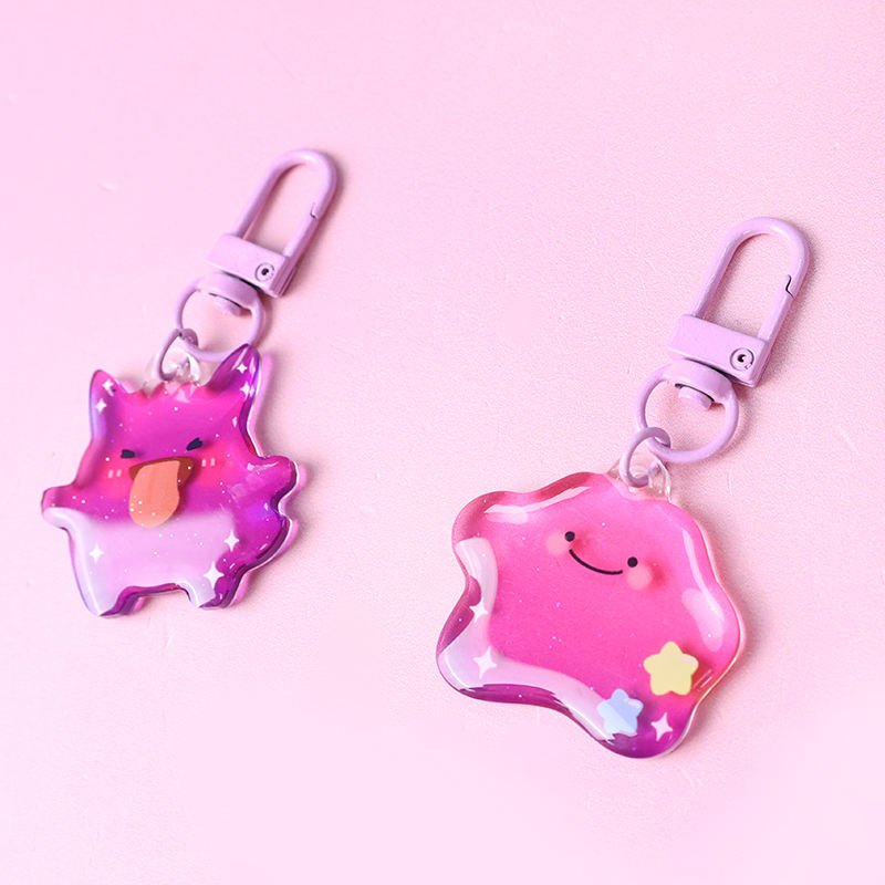 Custom Double-Sided UV Printed Epoxy Acrylic Phone Keychain Glitter Powder Plastic Anime Style Phone Charm Cartoon Metal Pendant