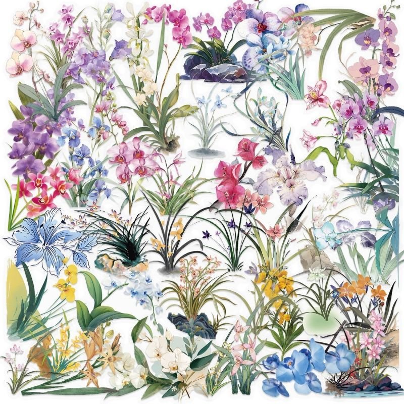 50PCS Nature Flower Stickers PET Transparent Stickers Orchid Grass Decals Waterproof Decorative Decal for Scrapbook DIY Crafts