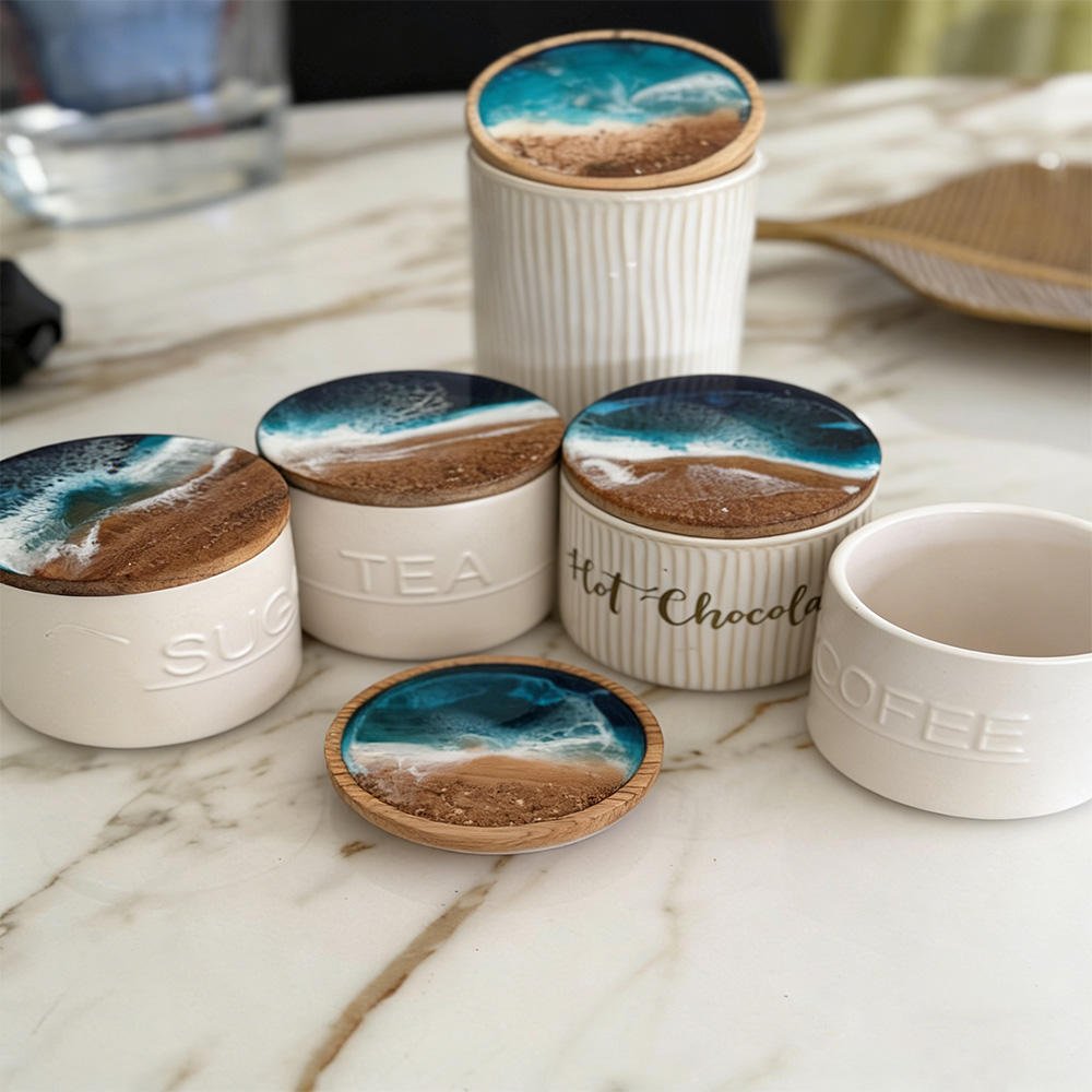 Resin Crafts Natural Wood Epoxy Resin Coaster, Handcrafted Ocean Beach Style Drink Coaster&Cheese Board for Tabletop&Home Decor