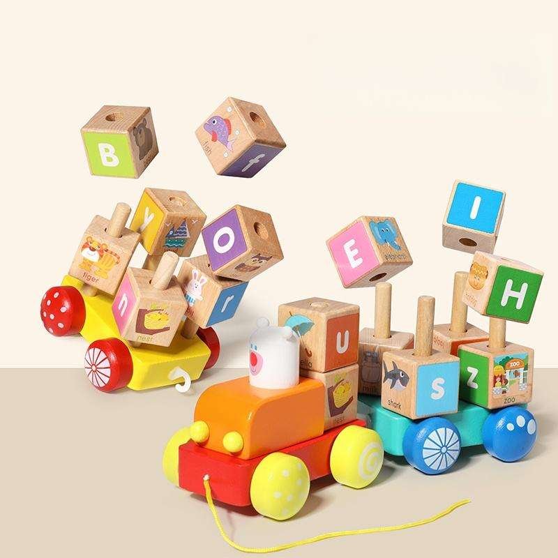 Hot Promotion New Design Educational DIY Baby Beech Wood Letters Cube Block Car Toy