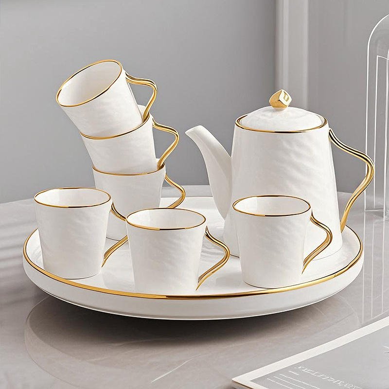 Modern High-End Gift-Giving Gold-Painted Ceramic Coffee Cup with Handle Tray Set of 7 Christmas Design Dishwasher Safe