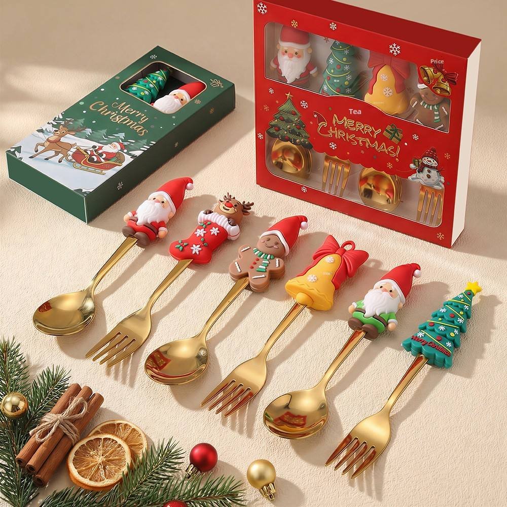 Metal Christmas Dinnerware Gift Set-Two-Piece Spoon and Fork with Cartoon Dessert Design in Colorful Box