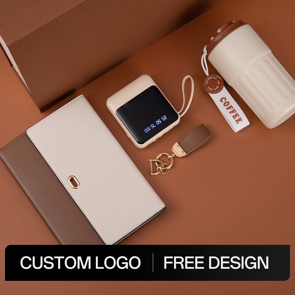 2026 Holiday Business Gift Set Luxury Custom Logo UV Printed Insulated Cup Key Chain A5 PU Notebook & Power Bank