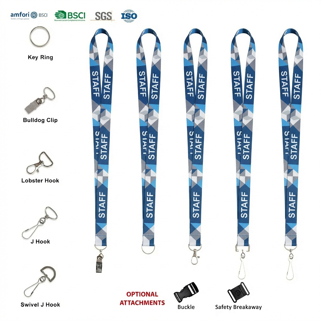 Wholesale Customized Polyester ID Card Holder 3/4" Inch Full Color Lanyard Dye Sublimation With One Free Attachment Custom Color