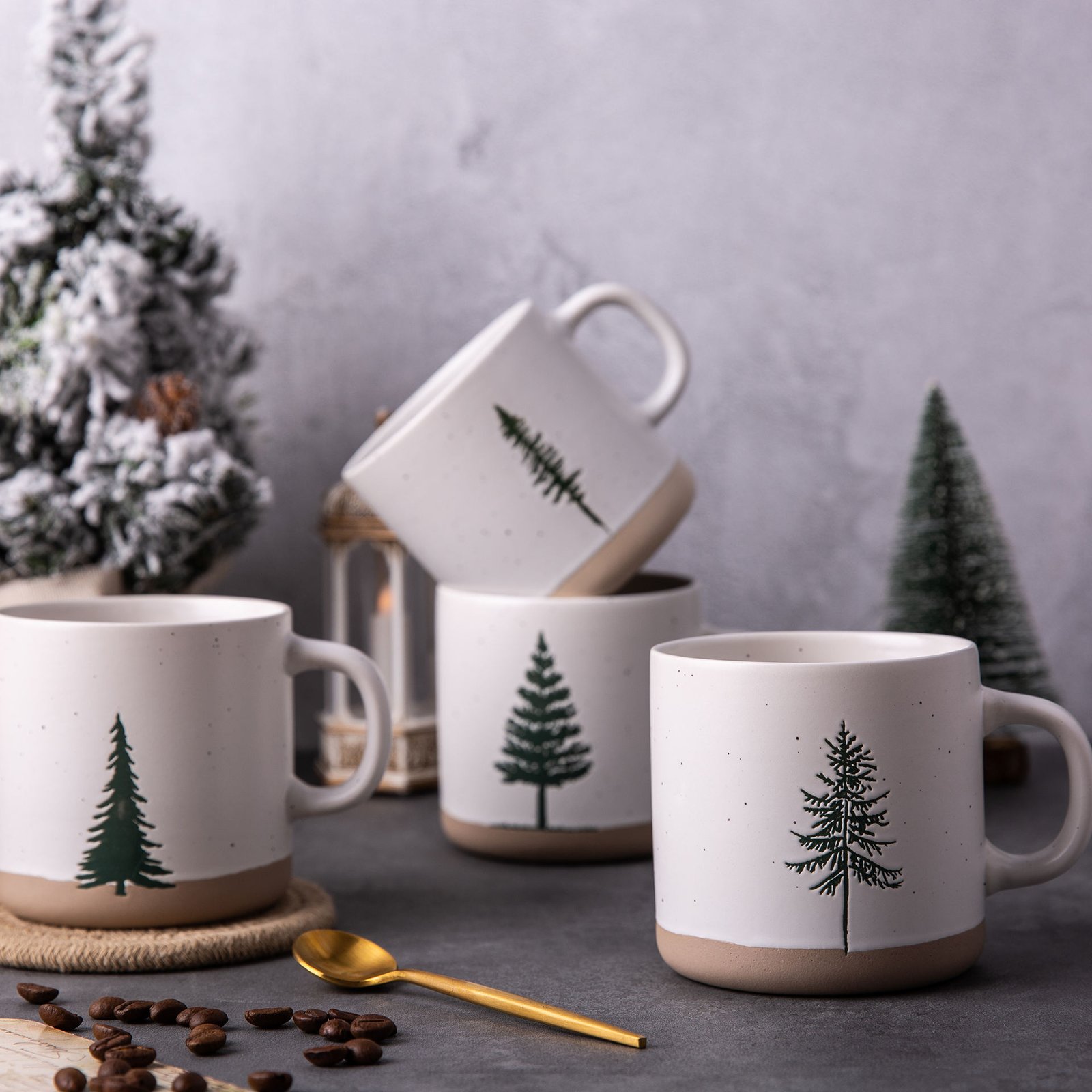 Christmas Tree Ceramic Mugs Set - 350ml Microwave Safe, Custom Logo, Ideal for Home/Café/Office Holiday Gift