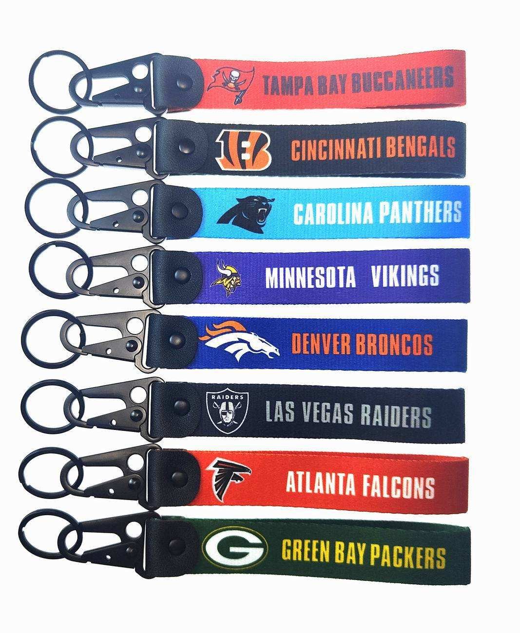 New Arrival Custom NFL Carabiner Keychain Lanyard Polyester Fabric Woven Wrist Strap Football Team Logo Key Tag