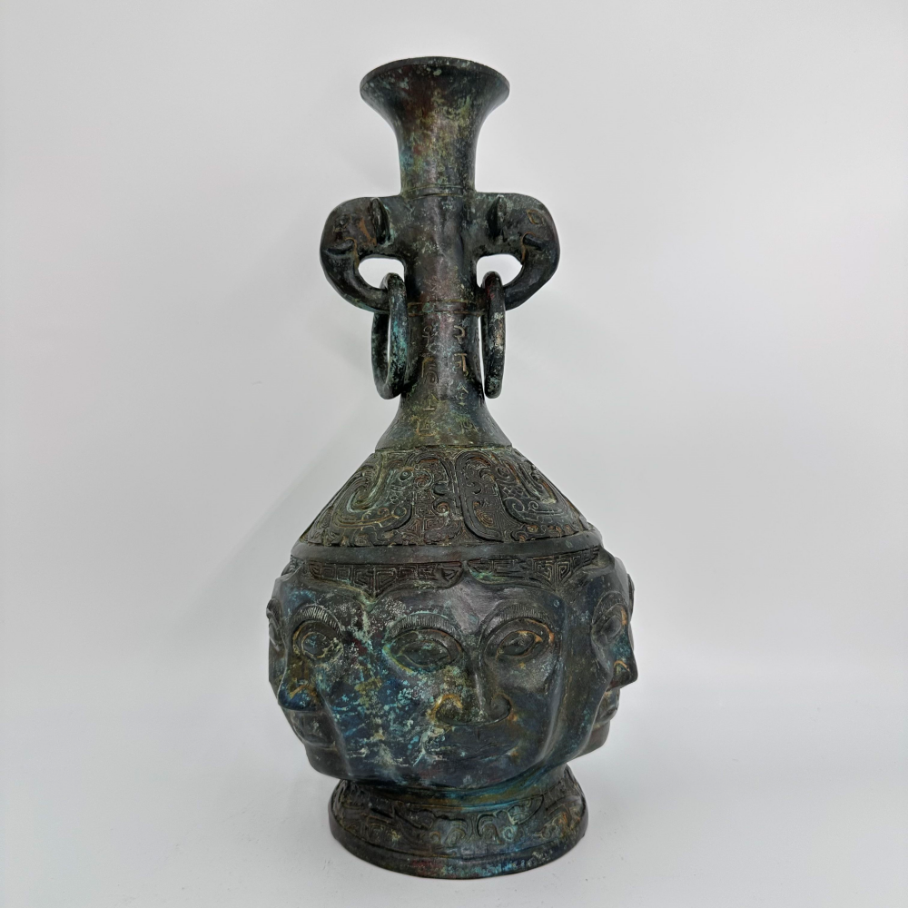 Bronze Pot Unique Human-Face Pattern Ancient Bronze Artifact Wine Water Vessel Artistic Style Cultural Connotations Metal Crafts