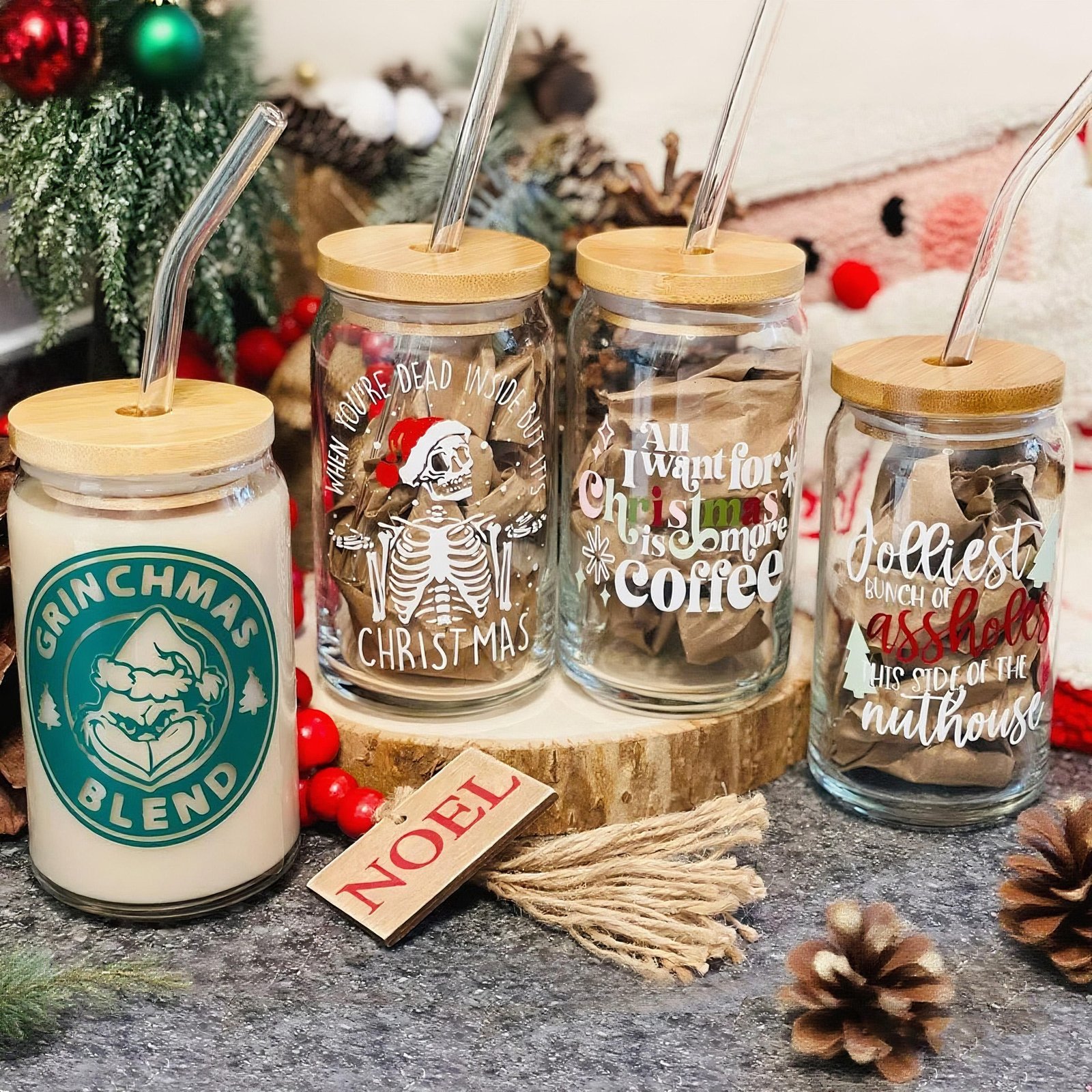Funny Christmas Glass Tumbler Set Cola Holiday Beer Can Drinking Cups Vintage Clear Glass Mug Decorations Gifts Stocking Stuffer