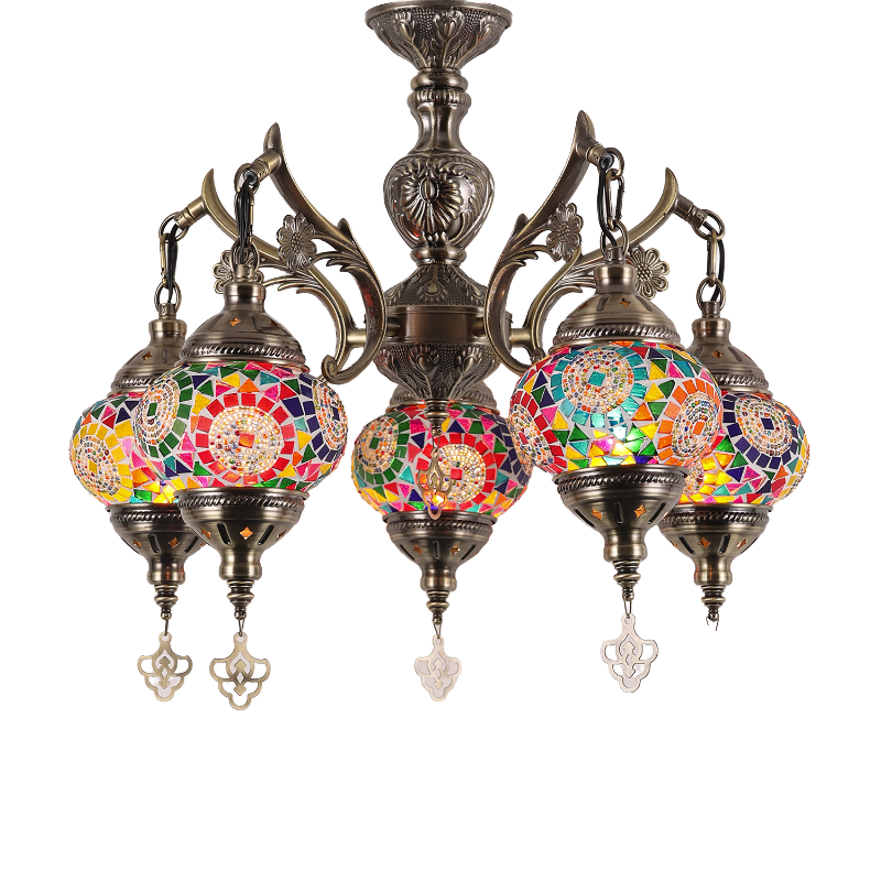 Vintage Mosaic Metal Glass Lampworking Chandelier 5 Globes Moroccan Bohemian Handmade Panda Brand Cultural Collectible Artifacts