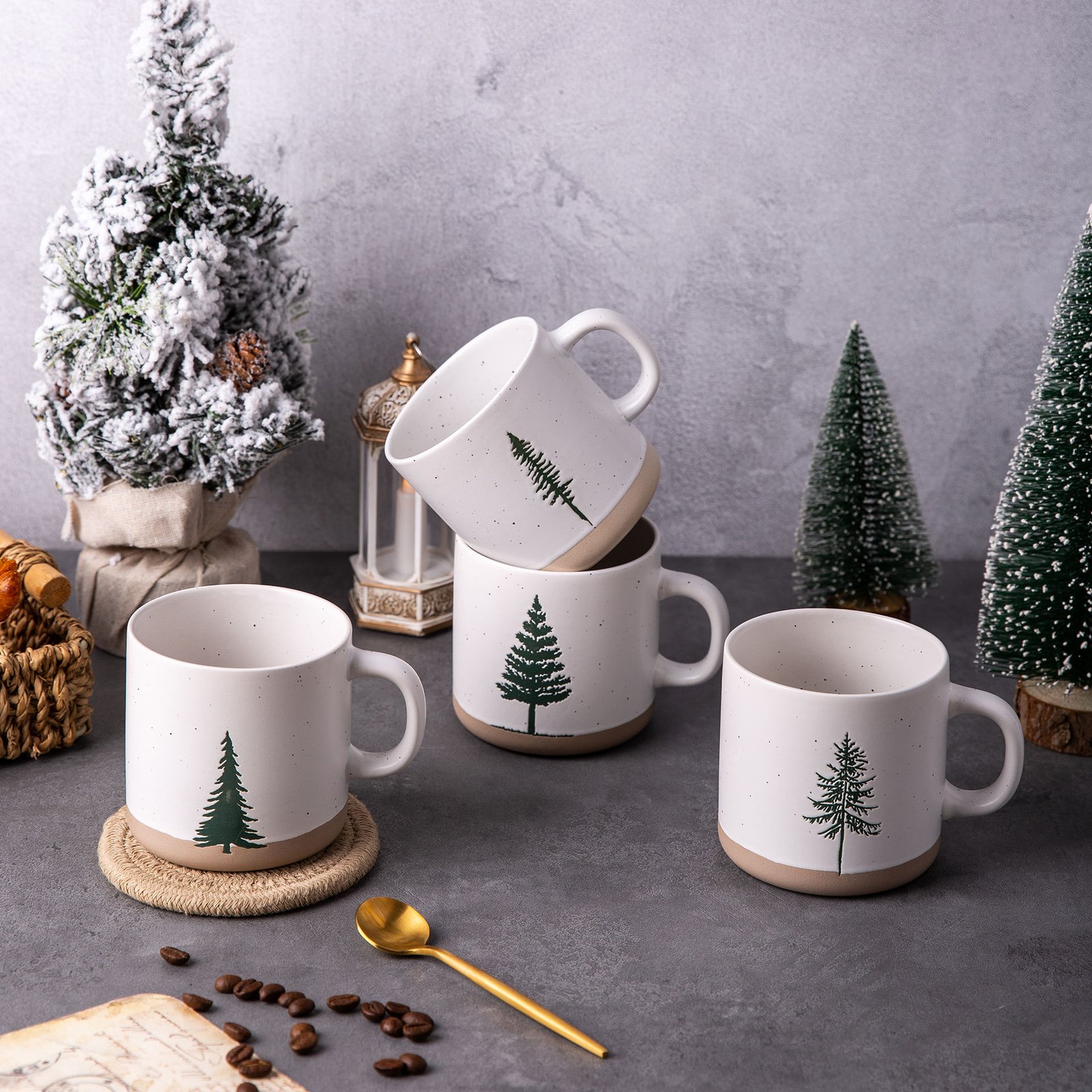 Christmas Tree Ceramic Mugs Set - 350ml Microwave Safe, Custom Logo, Ideal for Home/Café/Office Holiday Gift