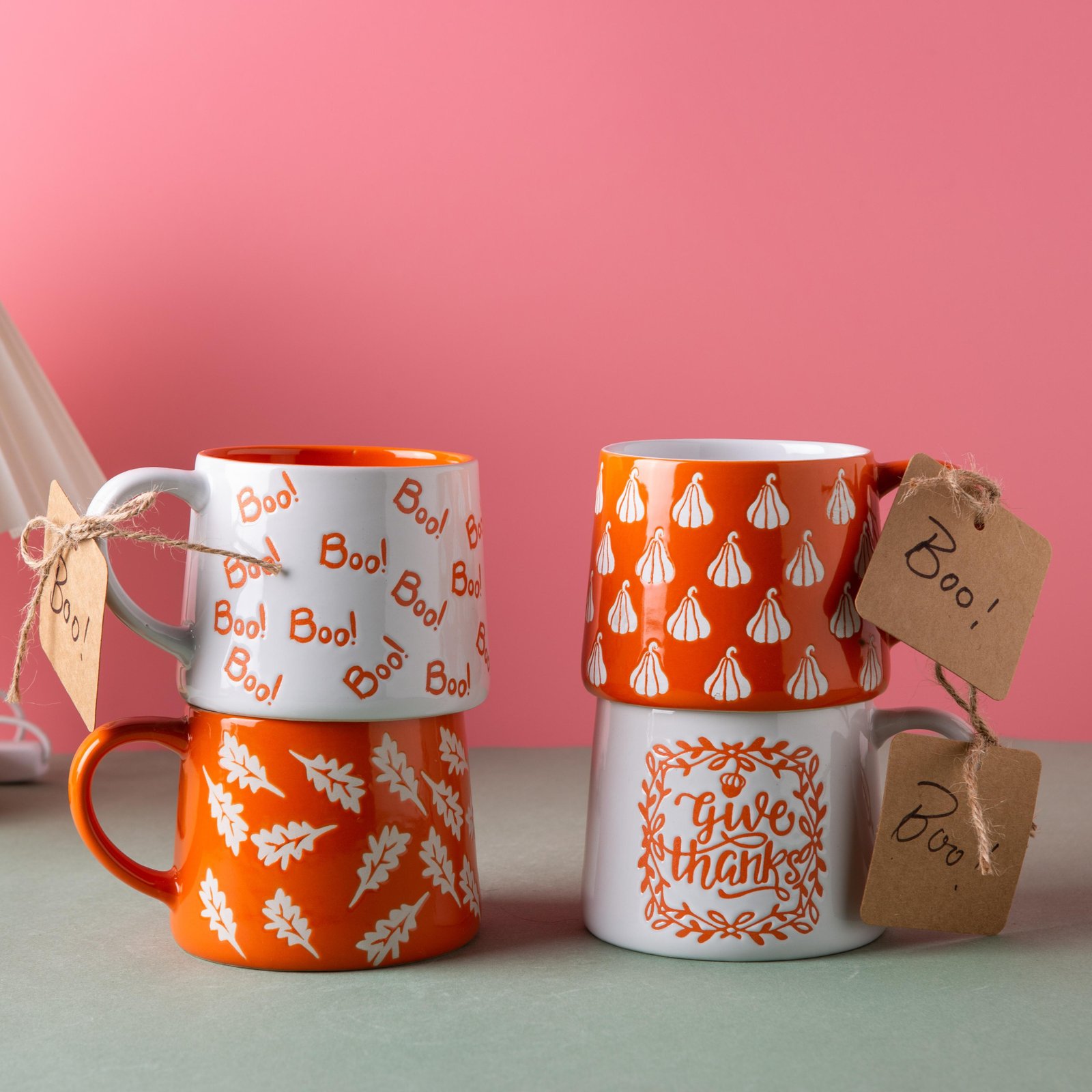 Halloween & Fall 'Boo' & 'Give Thanks' Mug Set - Orange Ceramic Coffee Cups, Festive Autumn Holiday Home Gifts