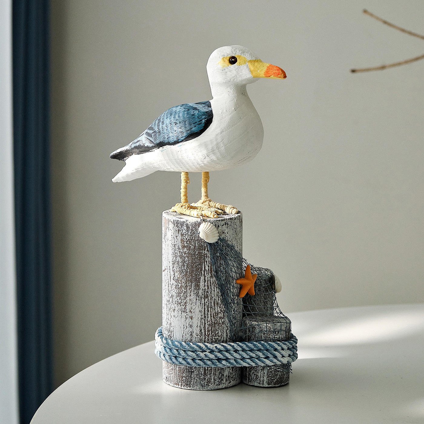 New Arrival Nautical Wooden Seagull Ornament with Distressed Wood Post Rope Coastal Home Decor Wooden Craft