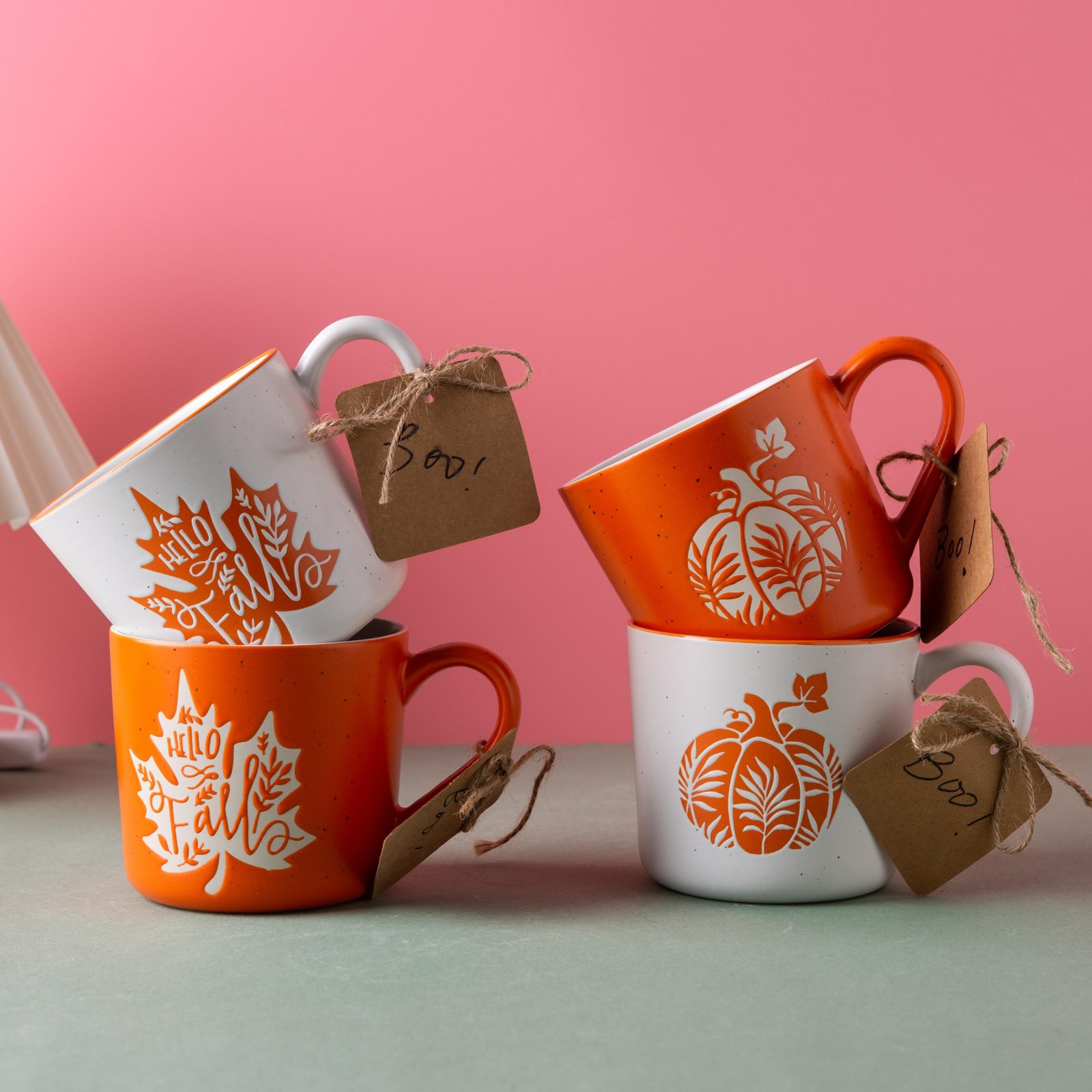 Halloween & Fall 'Boo' & 'Give Thanks' Mug Set - Orange Ceramic Coffee Cups, Festive Autumn Holiday Home Gifts
