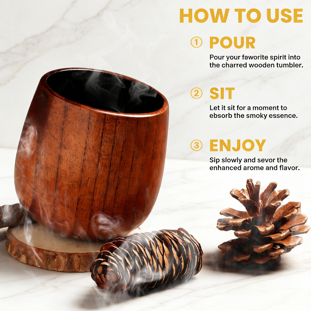 Factory Private Label Hand Crafted Enhances Oak Whiskey Tumbler Wooden Whiskey Cup Charred Wooden Whiskey Glass for Men Gift