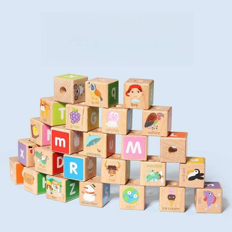 Hot Promotion New Design Educational DIY Baby Beech Wood Letters Cube Block Car Toy