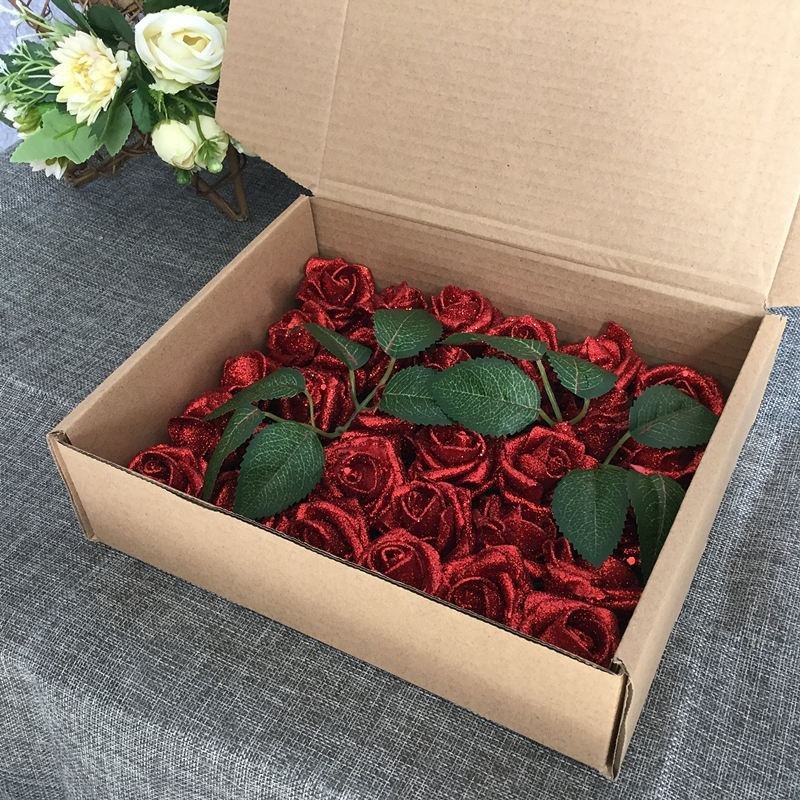 Artificial Glitter Foam Polyfoam Roses Flowers With Wired Stem Wedding Decoration