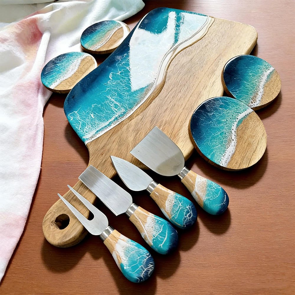 Resin Crafts Natural Wood Epoxy Resin Coaster, Handcrafted Ocean Beach Style Drink Coaster&Cheese Board for Tabletop&Home Decor