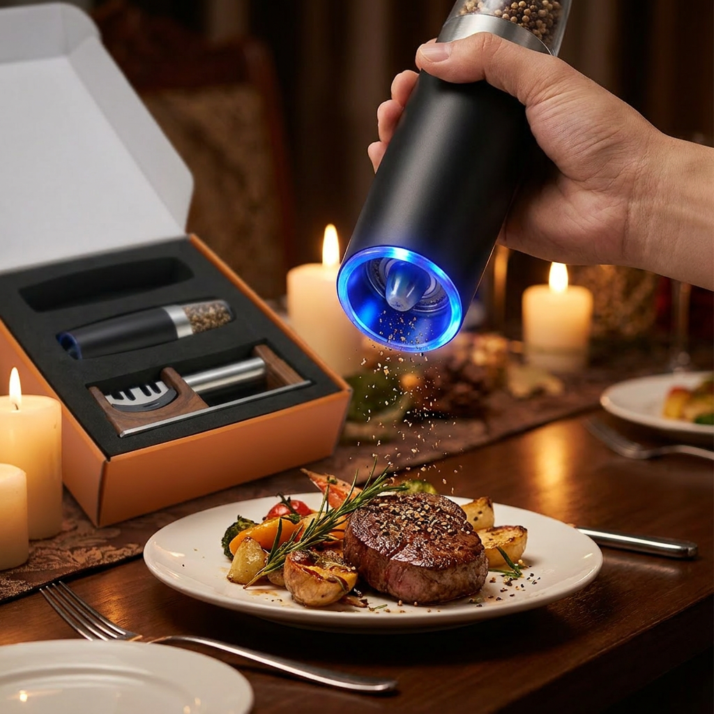 3-Piece Kitchen Gift Set About Gravity Electric Salt and Pepper Grinder with Blue Light and Knife Sharpener for Holiday Gift