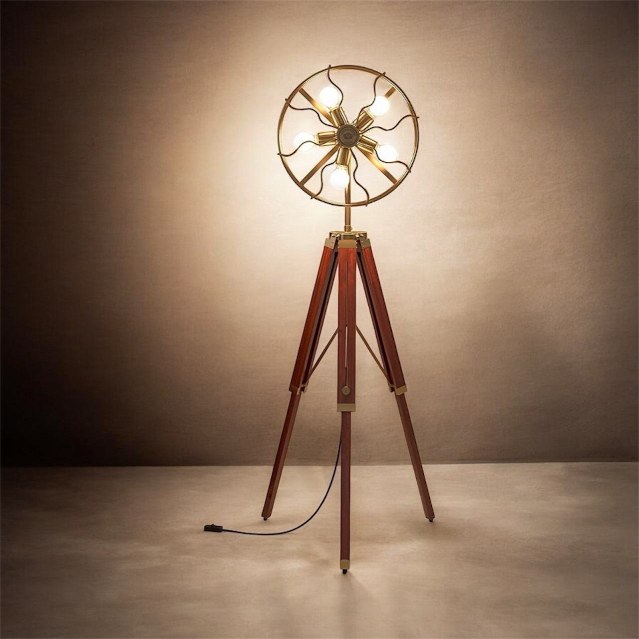 Antique Brass LED Floor Light Vintage Industrial Retro Fan-Style Cage Shade Adjustable Creative Cultural Collectible Artifacts