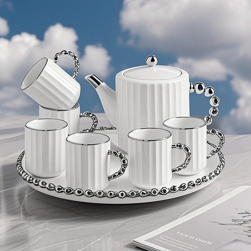 Modern High-End Gift-Giving Gold-Painted Ceramic Coffee Cup with Handle Tray Set of 7 Christmas Design Dishwasher Safe