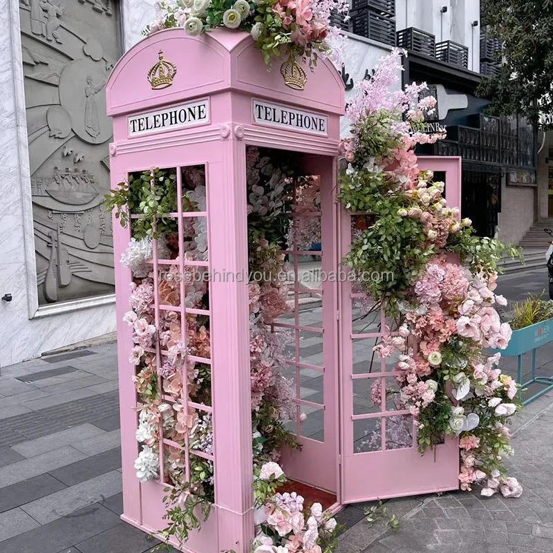 Hot Sale Events Props Antique Pink White Floral Telephone Booth for Outdoor Wedding Decor OEM Party Supplies