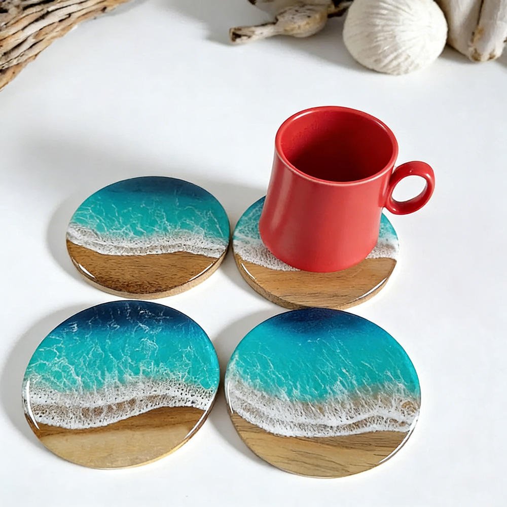 Resin Crafts Natural Wood Epoxy Resin Coaster, Handcrafted Ocean Beach Style Drink Coaster&Cheese Board for Tabletop&Home Decor