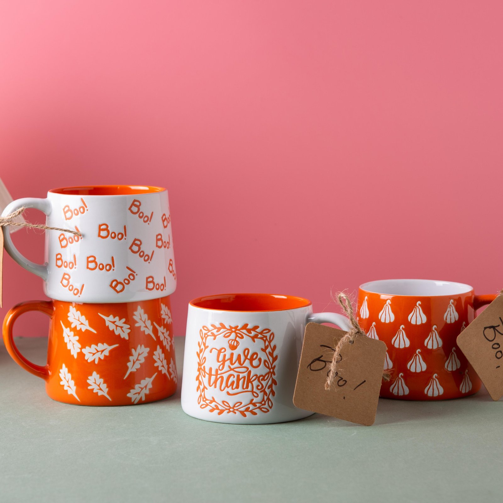 Halloween & Fall 'Boo' & 'Give Thanks' Mug Set - Orange Ceramic Coffee Cups, Festive Autumn Holiday Home Gifts