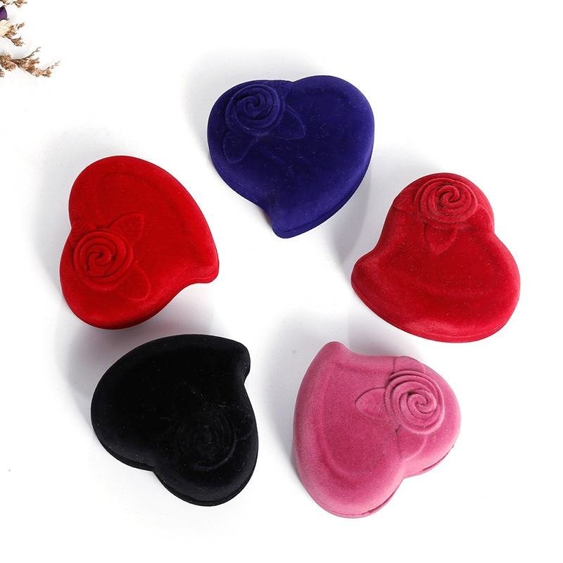Manufacturer Wholesale Elegant Double Ring Box with Flocking Heart Flower Jewelry Box Wedding Jewelry Packaging Polyfoam Crafts