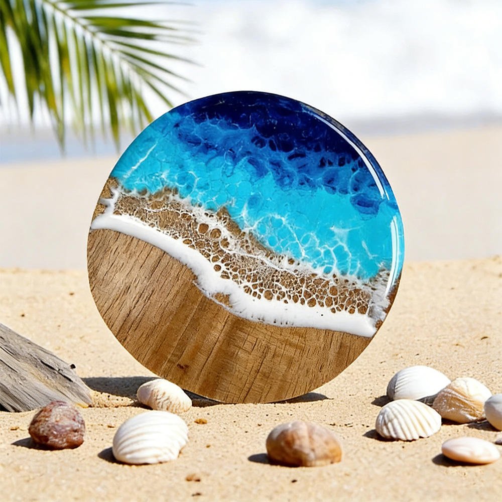 Resin Crafts Natural Wood Epoxy Resin Coaster, Handcrafted Ocean Beach Style Drink Coaster&Cheese Board for Tabletop&Home Decor