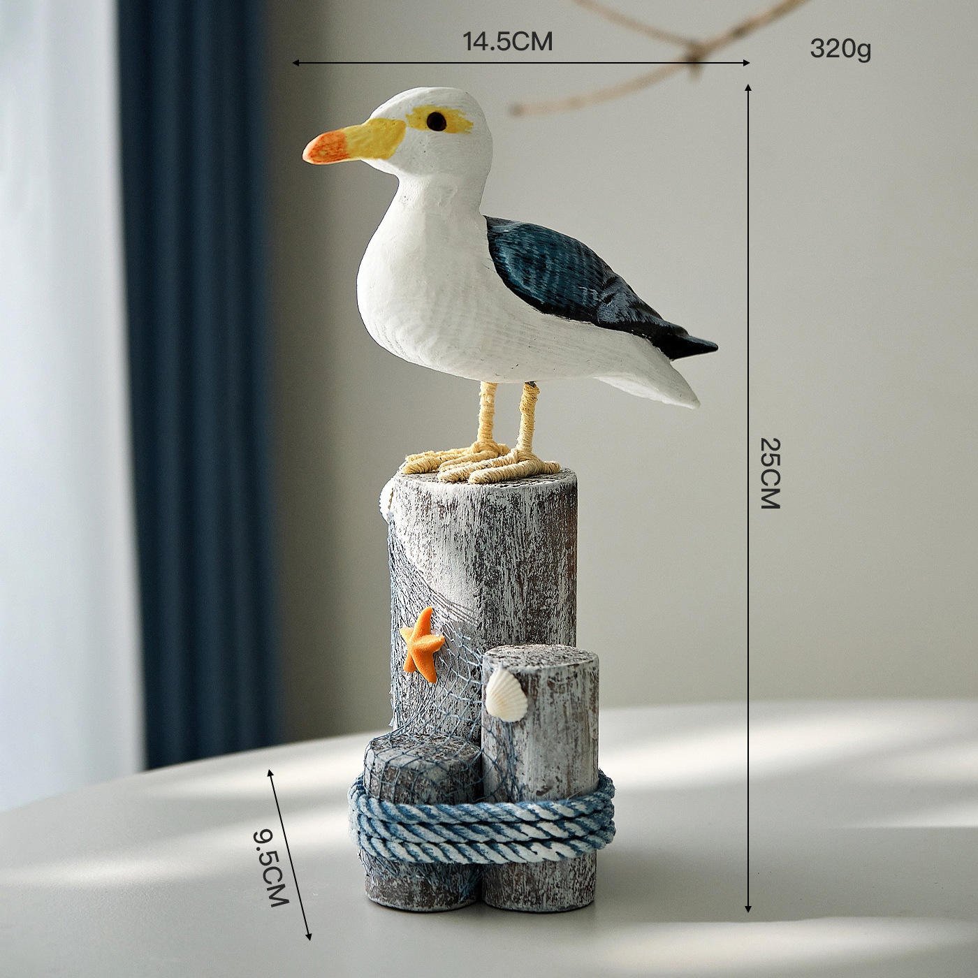 New Arrival Nautical Wooden Seagull Ornament with Distressed Wood Post Rope Coastal Home Decor Wooden Craft
