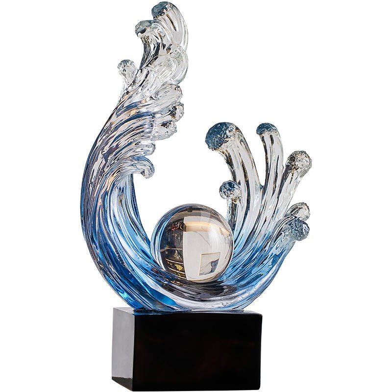 Custom Modern Luxury Other Home Decor Gifts Abstract Art Crafts Crystal Ball Ornament clear Resin Blue Ocean Wave Sculpture