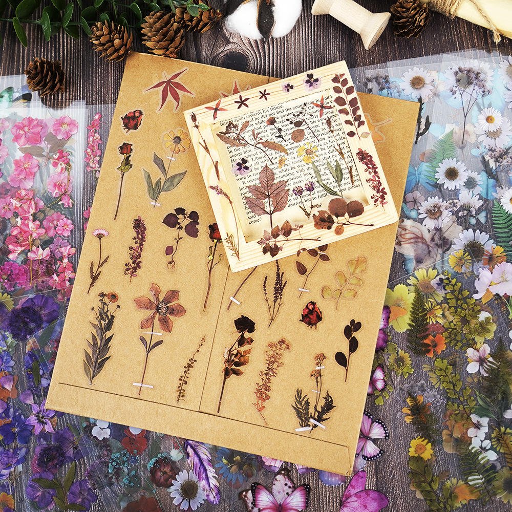 Vintage Journaling Stickers Scrapbook Sticker Aesthetic Natural Plant Flower Art Planners DIY Decorative PET Transparent Sticker