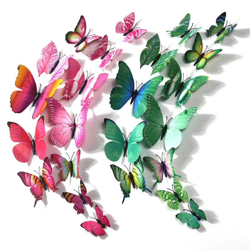 3D PVC Home Decor Simulated Butterflies Double-sided Adhesive 12-piece Set Colorful Solid-color Wall Stickers Decoration