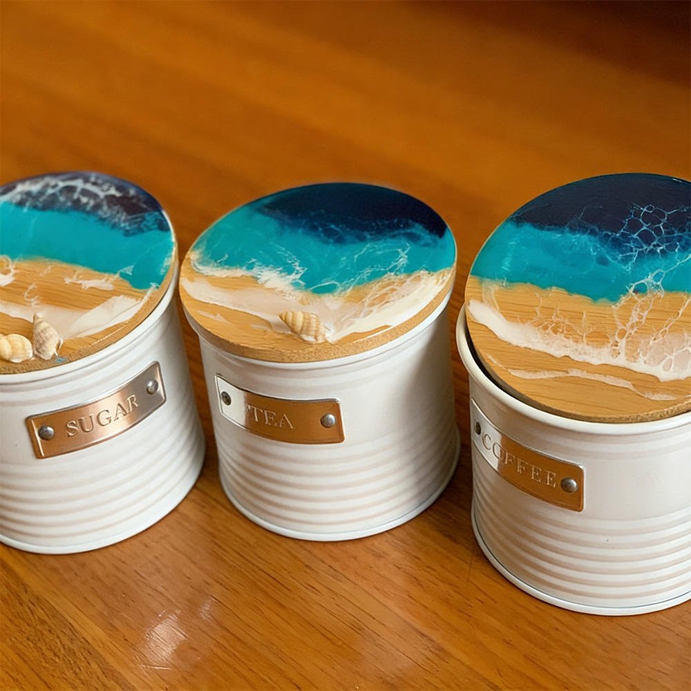 Resin Crafts Natural Wood Epoxy Resin Coaster, Handcrafted Ocean Beach Style Drink Coaster&Cheese Board for Tabletop&Home Decor