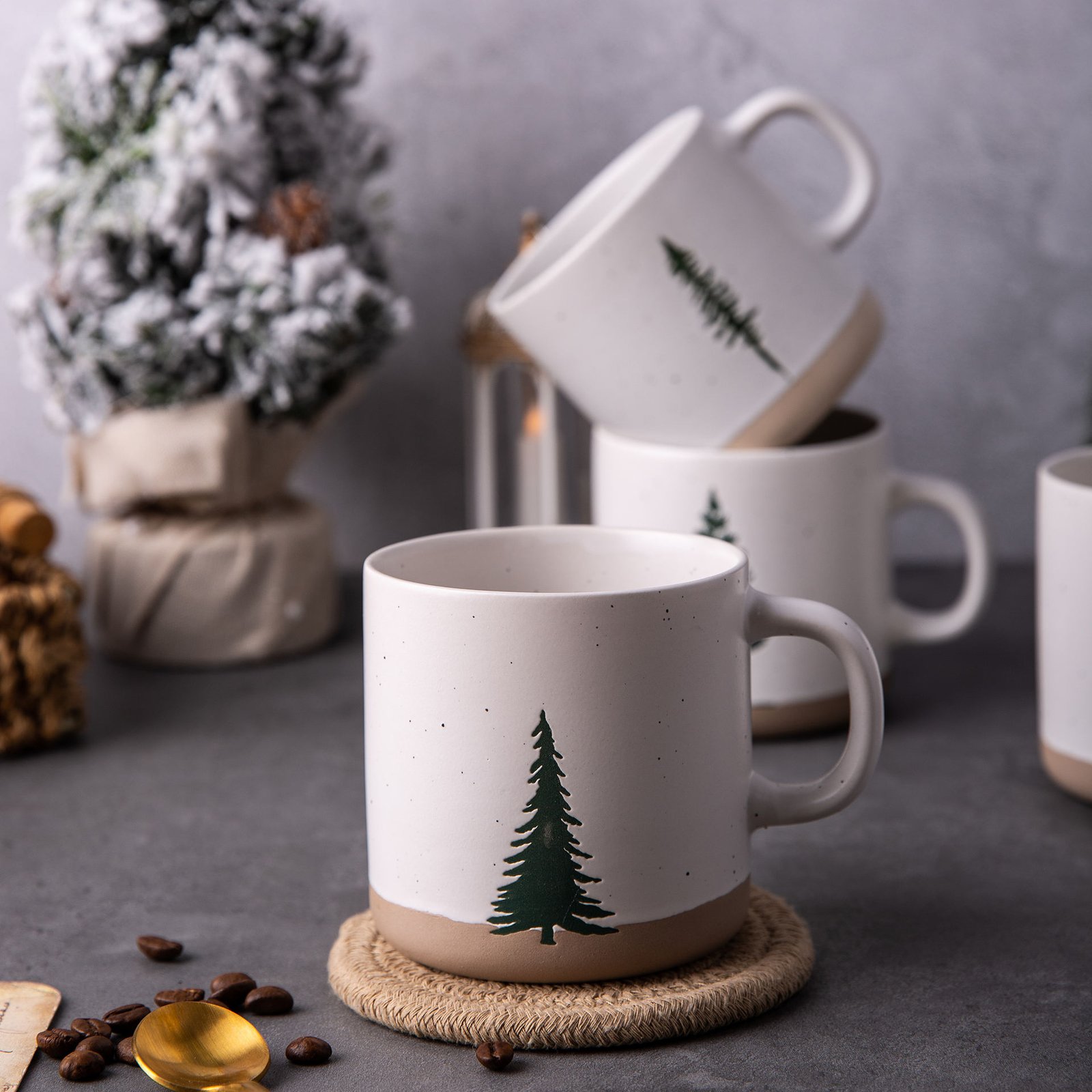 Christmas Tree Ceramic Mugs Set - 350ml Microwave Safe, Custom Logo, Ideal for Home/Café/Office Holiday Gift