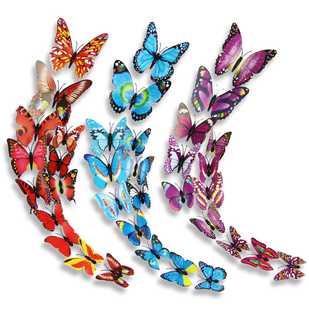 3D PVC Home Decor Simulated Butterflies Double-sided Adhesive 12-piece Set Colorful Solid-color Wall Stickers Decoration