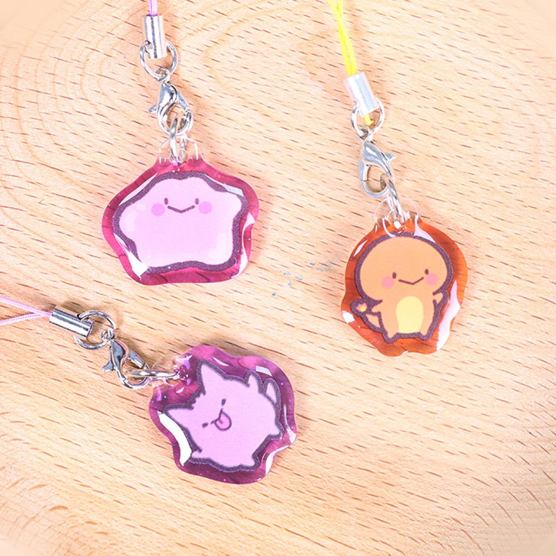 Custom Double-Sided UV Printed Epoxy Acrylic Phone Keychain Anime Style Glitter Powder Plastic Phone Charm Cartoon Metal Pendant