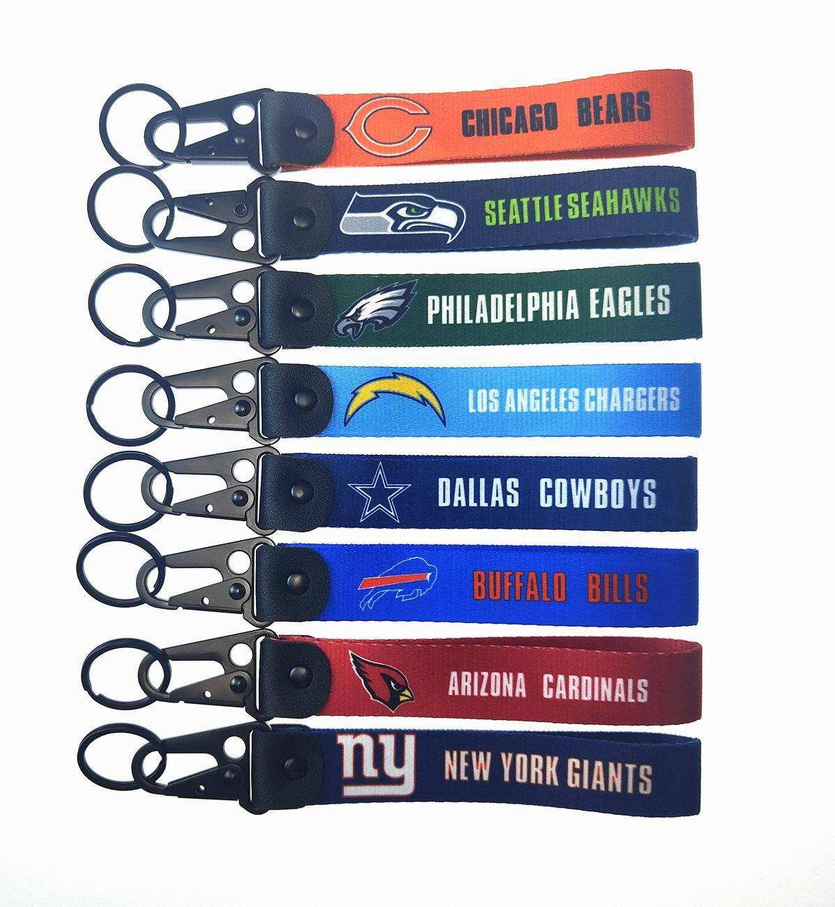 New Arrival Custom NFL Carabiner Keychain Lanyard Polyester Fabric Woven Wrist Strap Football Team Logo Key Tag