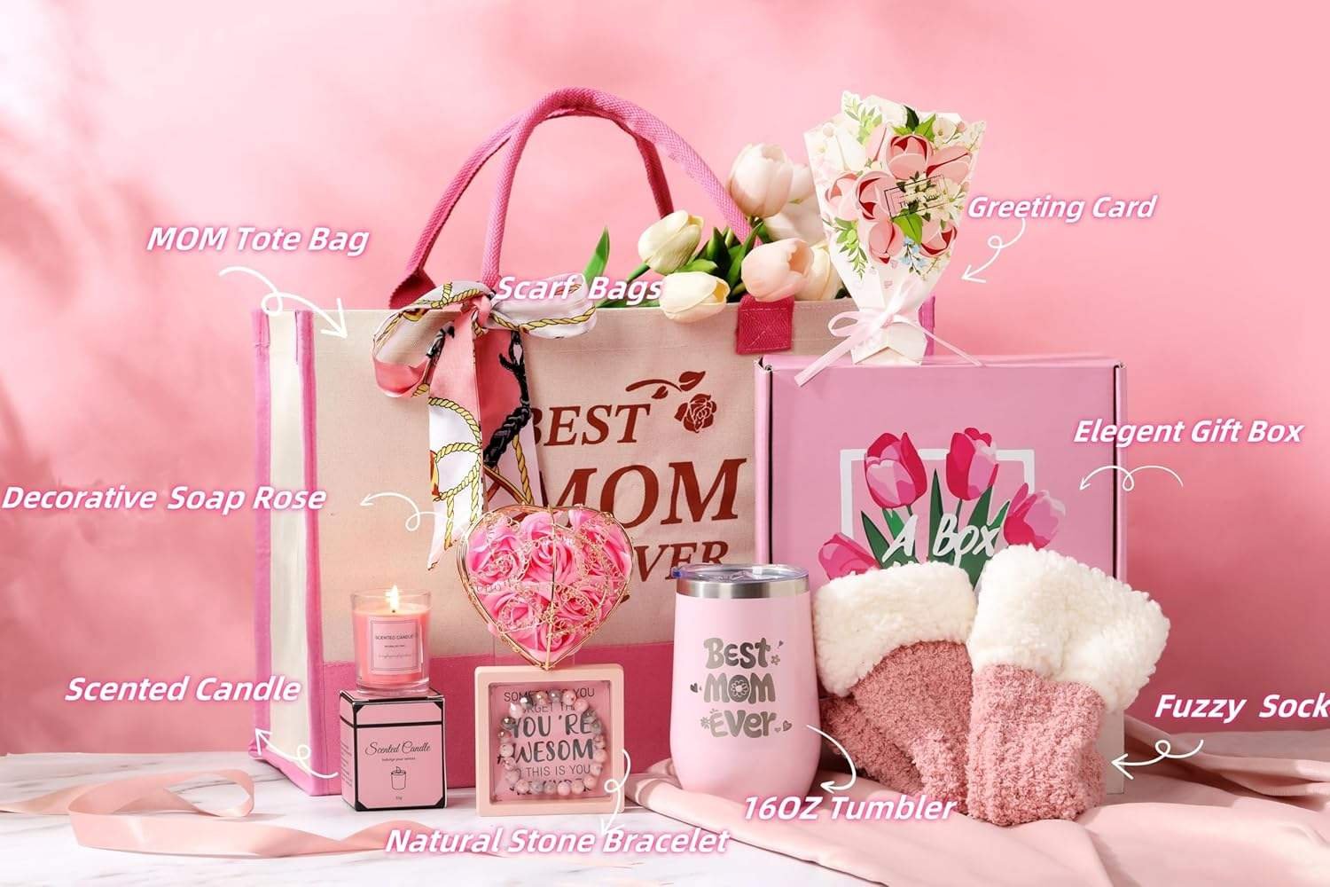 Best Mom's Day Gift Set Premium Box Includes Insulated Tumbler Scented Candle Decorative Soap Rose Tote Bag-Home Decor Christmas
