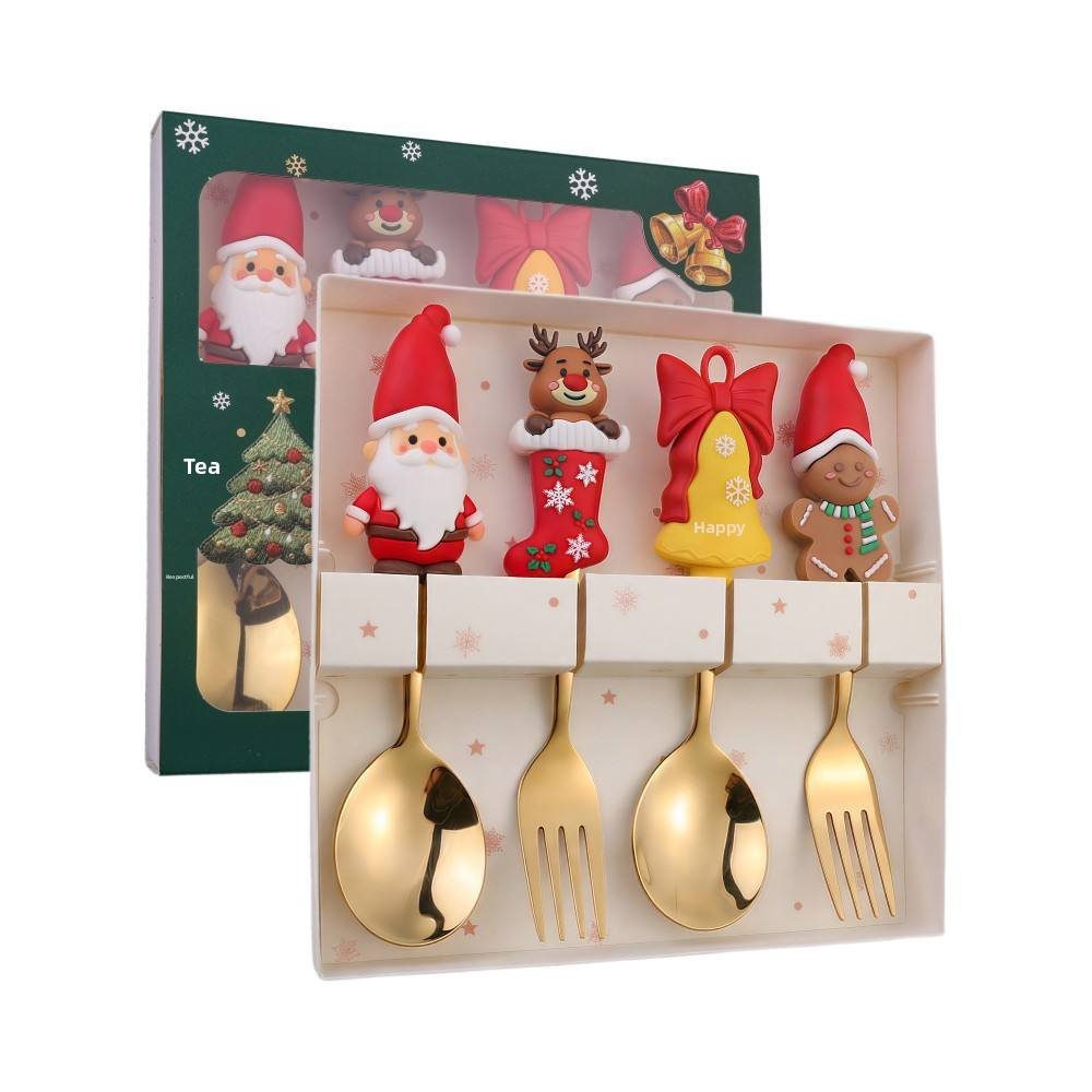 Metal Christmas Dinnerware Gift Set-Two-Piece Spoon and Fork with Cartoon Dessert Design in Colorful Box