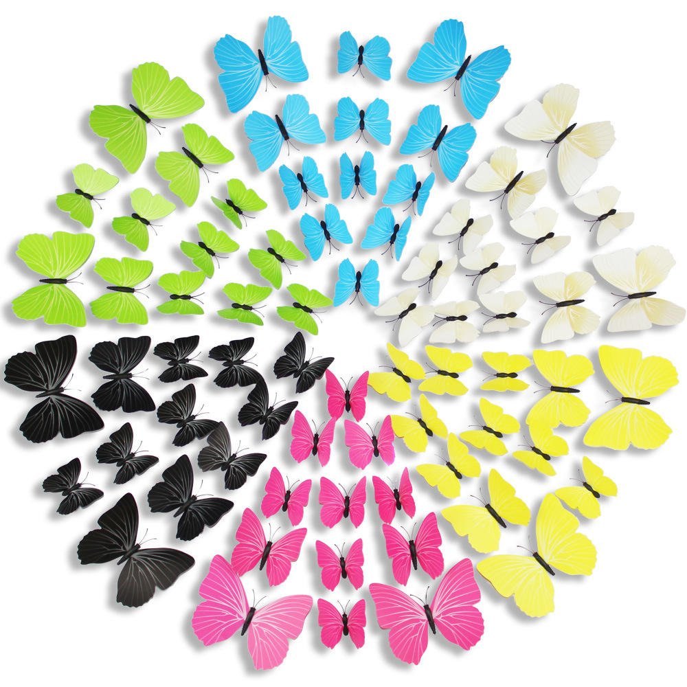 3D PVC Home Decor Simulated Butterflies Double-sided Adhesive 12-piece Set Colorful Solid-color Wall Stickers Decoration